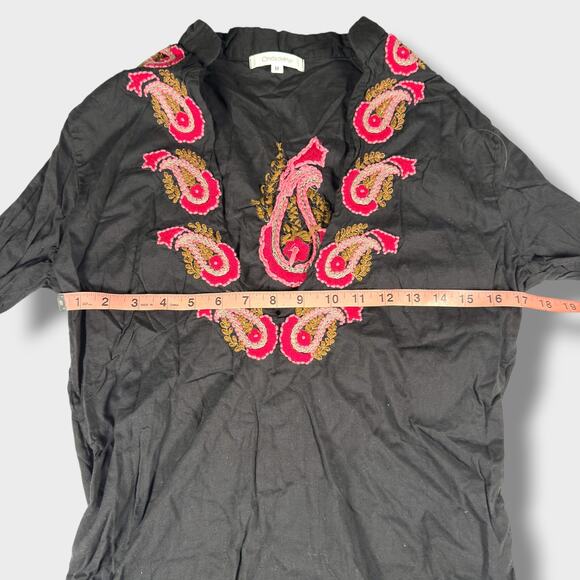 OndadeMar Black Tunic Top Size M Embroidered Boho Paisley Cover Up Long Sleeve - Picture 3 of 8